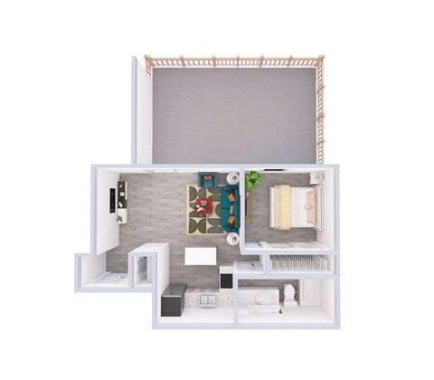 A white model of a house with a kitchen and living room.